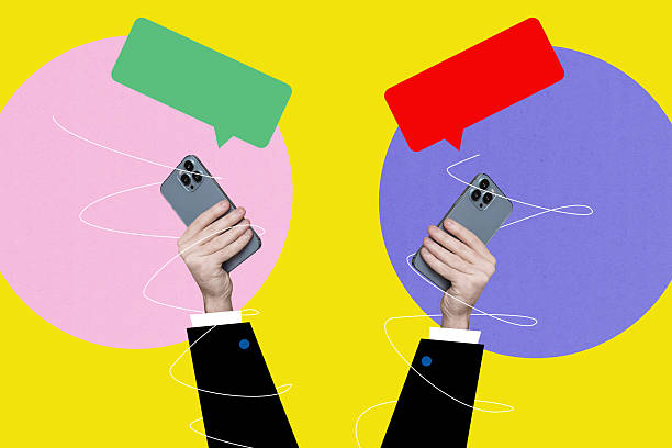 istock Creative banner collage of two gands holding using smart cell phone with sms message 2207309716