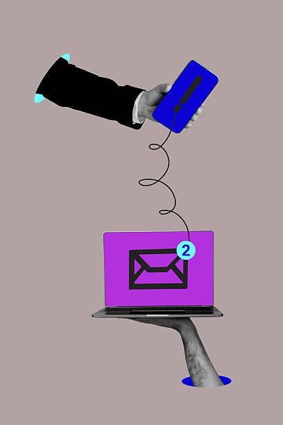 istock Composite sketch image design trend artwork collage of hand hold laptop smartphone connection email text textbox chatting communication 2207310032