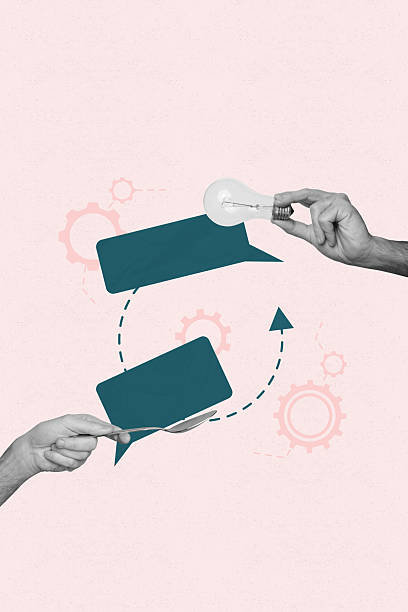 istock Poster image collage of two hands holding spoon idea light bulb over background with speech bubble 2207310100