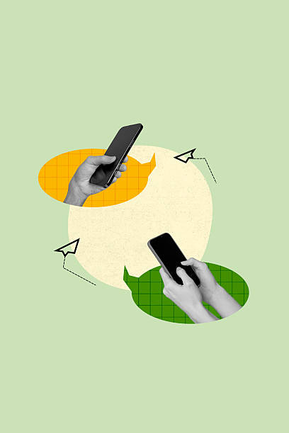 istock Image poster collage of two different people using gadget chatting on green color background 2207310120