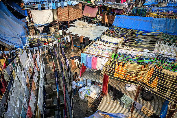 Mumbai, India - November 16, 2024:  elevated view on Dhobi Ghat open air laundry in Mumbai