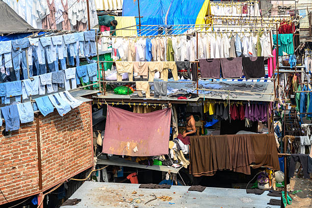 Mumbai, India - November 16, 2024:  elevated view on Dhobi Ghat open air laundry in Mumbai