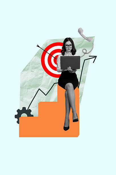 istock Creative artwork template sketch image 3D collage of professional job vacancy manager young lady sit ladder work laptop landline phone 2207312271