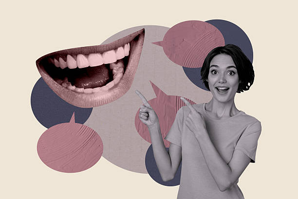 istock Trend artwork banner sketch photo collage of chatting text bubble email note speech texting sms young lady smile finger point smile mouth 2207317692