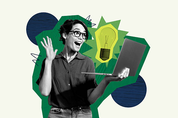 istock Template sketch trend artwork 3D photo collage of logic jigsaw challenge think solution young lady smile hold laptop hello meeting student 2207317693