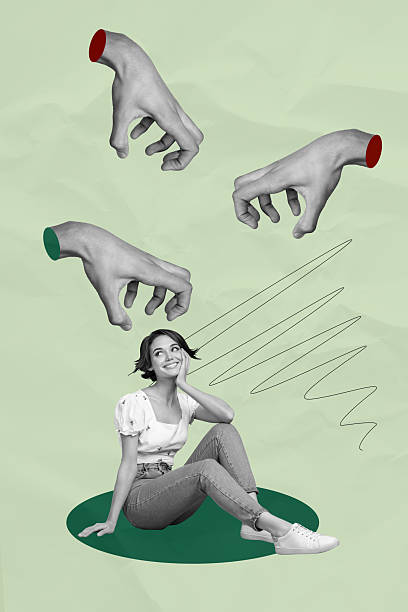 istock Creative template collage of girl sitting looking up with claws gesture hands 2207317719