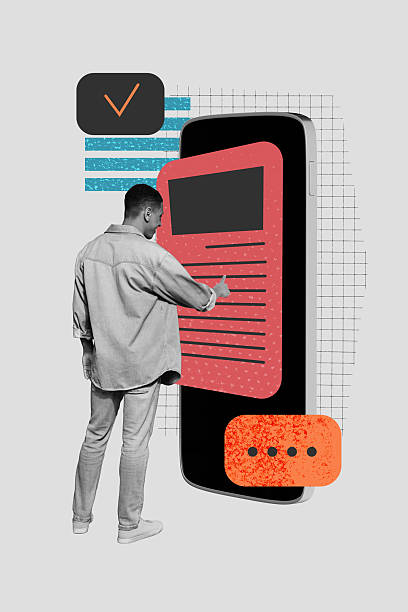istock Vertical sketch 3d artwork collage poster of happy businessman push phone screen interface buttons webpage prompt sms vacancy 2207318209