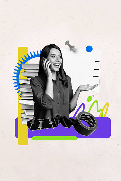 istock Template sketch image composite artwork collage of young lady talk smartphone smile pile book student note pin scotch business worker 2207318559