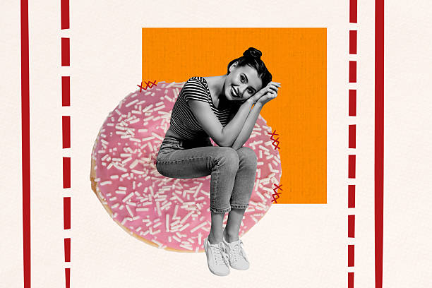 istock Creative artwork template sketch image collage of cuisine dinner chef calories diet donut sweet cake young lady sit smile nice good mood 2207318617