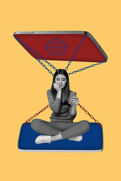 Template sketch trend artwork 3D collage of young lady sit prison chain smartphone display stress global technology service online speed