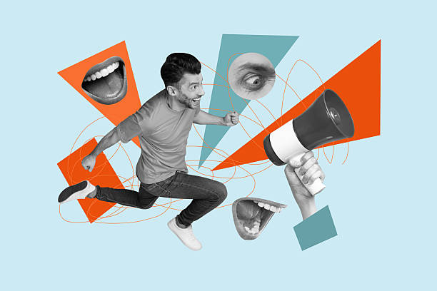 istock Composite art 3d creative collage of happy man activist run hand hold megaphone agitation riot body puzzle mosaic mouth scream eyeball 2207319549