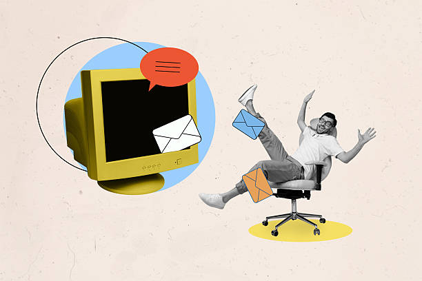 istock Composite art 3d creative image collage of happy man ride stool letter correspondence concept pc monitor screen messenger 2207319592