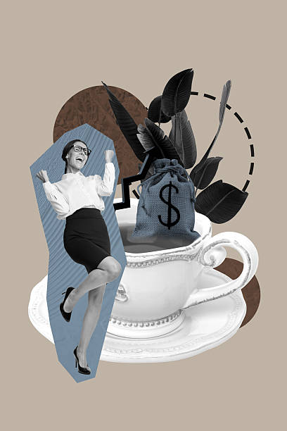 istock Sketch image artwork composite photo collage of employment human resources manager recruitment teacup money bag young lady stand excited 2207320375