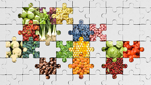 Puzzle with pieces, photos of vegetables and fruits,  copy spaces to fill in, 3D render.