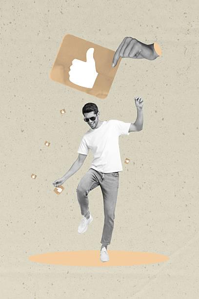 istock Creative poster collage of happy man dancing under hand showing like button 2207324520