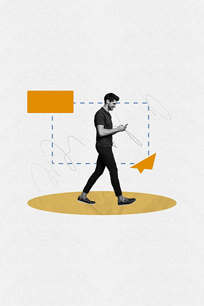 istock Poster creative collage of young worker man use smart phone on white color background with geometry shape 2207324541