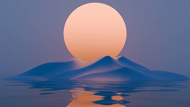istock Minimal abstract scene with a large orange sun and rolling blue waves against a purple sky, creating a dreamy, surreal landscape with soft curves and serene tones. 2207325177