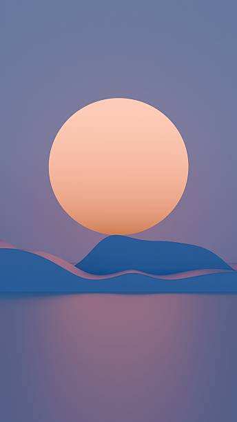 istock Minimal abstract scene with a large orange sun and rolling blue waves against a purple sky, creating a dreamy, surreal landscape with soft curves and serene tones. 2207325205