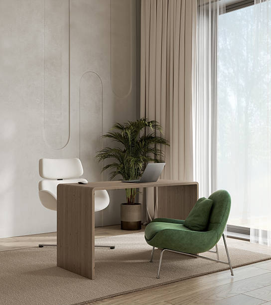 istock Modern minimalistic home office workplace with laptop and green chair, 3d rendering 2207337995