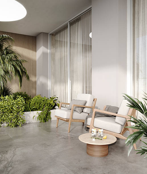 istock Modern Cozy Balcony with Wooden Armchairs and Green Plants, penthouse concept, visualization 2207338006