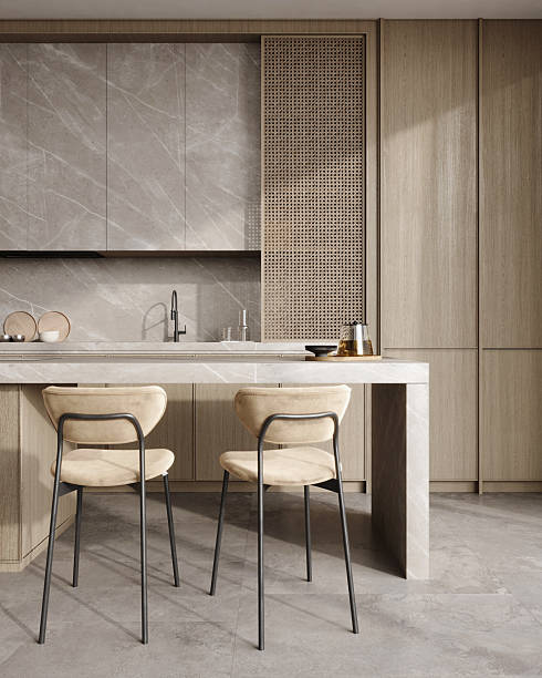 Modern wooden kitchen interior design design, close up, 3d rendering