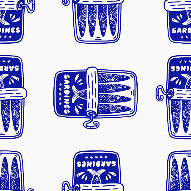 Canned sardines seamless pattern. Vector illustration