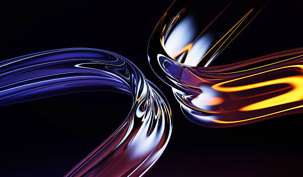 istock Abstract 3d black background with liquid glass transparent tapes, neon light effect. Iridescent streams curve fluid, blue pink gold holographic gradient. Futuristic wave line pattern 2207343133