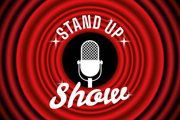 Vintage microphone against red curtain backdrop. Stand up comedy