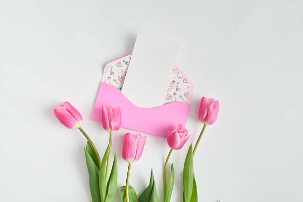 istock Pink tulips are lying on a white table next to an envelope containing a greeting card. Minimal composition layout 2207344407