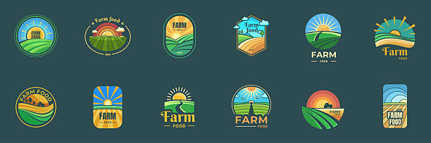 Agriculture farm food logo with green field, sun and sky set