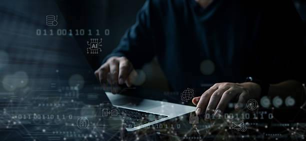 istock Concept of cyber security with person working on laptop, AI artificial intelligence interface, secure network, data protection, binary code and digital safety system. 2207356657
