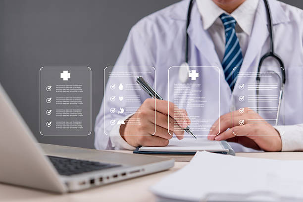 istock Medical professional recording patient data using advanced digital interface, healthcare technology, AI, diagnostics, hospital record system, online health platform. 2207356674