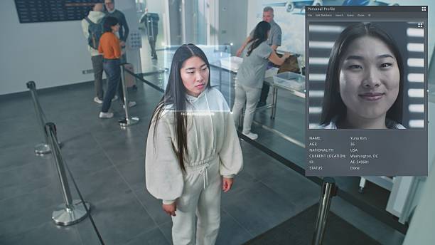 istock Airport Security Checkpoint: Surveillance Camera with AI Biometric Facial Recognition of Passengers 2207359234