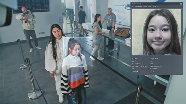 istock Airport Security Checkpoint: Surveillance Camera with AI Biometric Facial Recognition of Passengers 2207360651