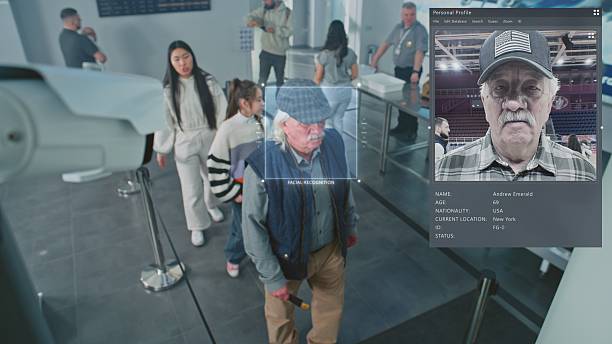 istock Airport Security Checkpoint: Surveillance Camera with AI Biometric Facial Recognition of Passengers 2207361125