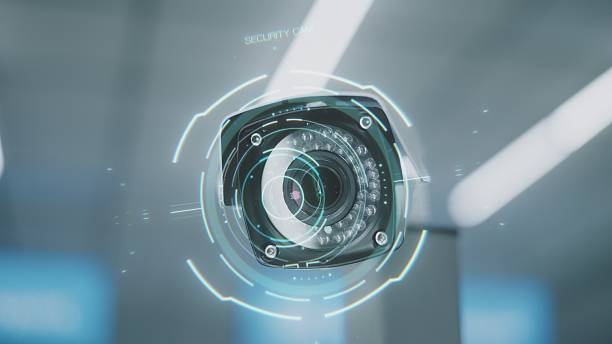 Airport Security System: Close Up of Surveillance Camera with AI Recognition. 3D Visual Effects