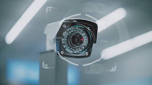 istock Airport Security System: Close Up of Big Data Analyzing CCTV Camera. 3D VFX Animation 2207362798