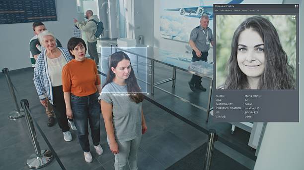 istock Airport Checkpoint: Multiethnic People Passing AI Biometric Facial Recognition at Passport Control 2207363861