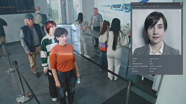 istock Queue of Diverse People Passing Biometric AI Face Scanning at Border Control in Airport Terminal 2207363889
