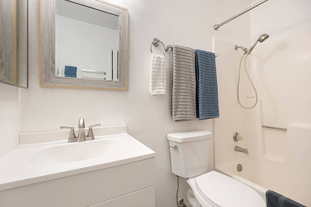 istock This is a bathroom that includes a toilet, sink, mirror, and a shower 2207367138