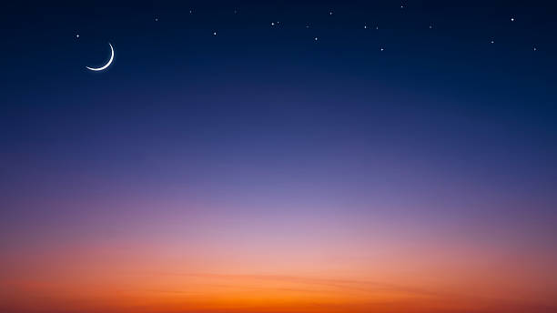 istock Night sky ramadan background with crescent moon and star on beautiful dramatic twilight sky with copy space for edit text in Eid al Adha, Eid al fitr, Mubarak holy month, Islamic New year festival 2207367330