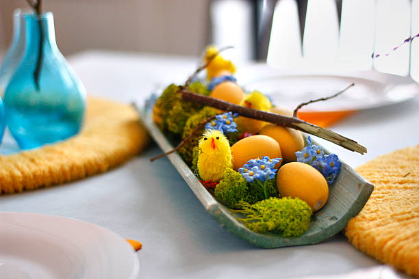 istock Easter table setting in yellow and blue colors, plates decorated with compositions with yellow chickens 2207367753