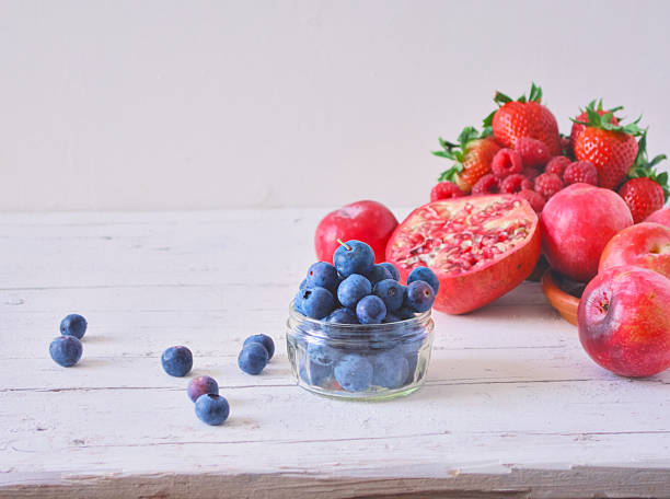 Red fruits on white wooden table - red summer fruits on rustic white wooden table - healthy eating, copy space, concepts & ideas