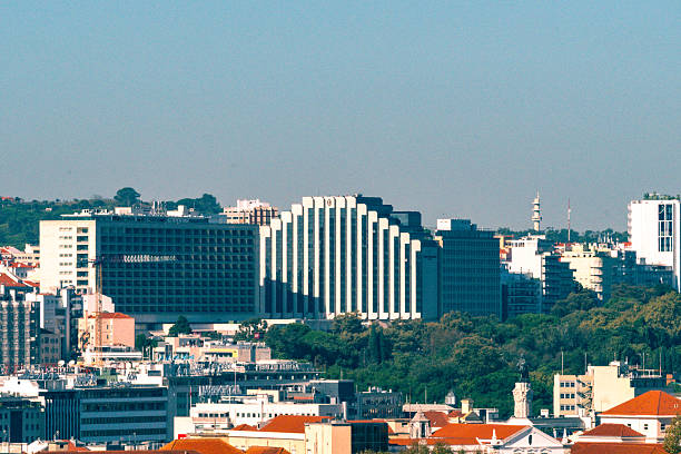 The São Rafael / São Gabriel Tower in the Park of Nations in Lisbon seen from Lisbon Oriente train station (Estação do Oriente), Costa de Lisboa, Portugal.