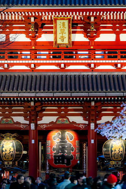Japan, Tokyo - February 17, 2024: Large red lantern and ornate gate of Senso-ji Temple in Asakusa, Tokyo, Japan, seen at night with a crowd of visitors below.