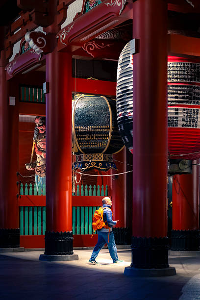Japan, Tokyo - February 17, 2024: A lone tourist with an orange backpack walks beneath giant lanterns at the illuminated gate of Senso-ji Temple in Asakusa, Tokyo, Japan.