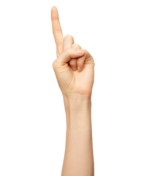 istock Female hand show number one finger isolated on white. Forefinger for counting gesturing, enumeration 2207373112
