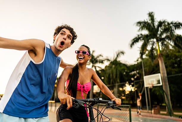 Young couple walking and running outdoors