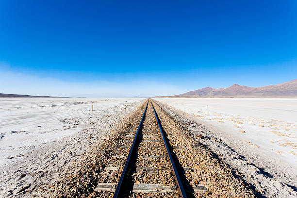 Train tracks perspective view from Bolivia. Bolivian landscape. Salar de Colchani