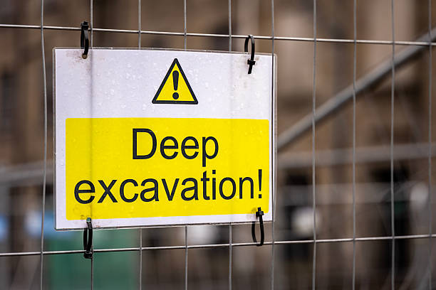 istock Laminated Warning Sign of Deep Excavation at Construction Building Site on Temporary Heras Fence Panel with Blurred Background 2207381711